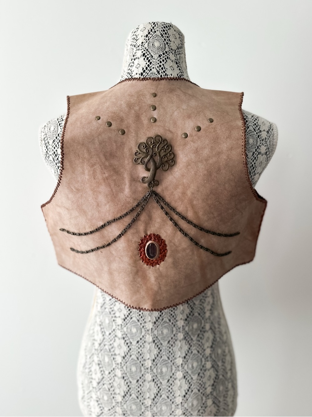 Vintage Handmade Artisan Leather Tree of Life Festival Vest Boho Renaissance